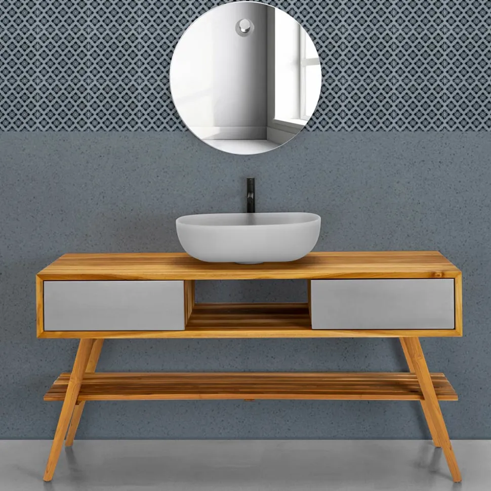 Mobile Bagno in Teak Naturale con Cassetti Color Grigio Matt - Hamadou
