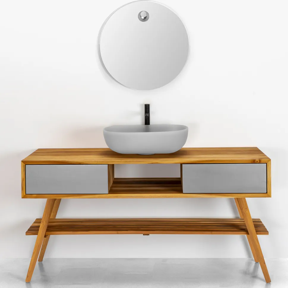 Mobile Bagno in Teak Naturale con Cassetti Color Grigio Matt - Hamadou