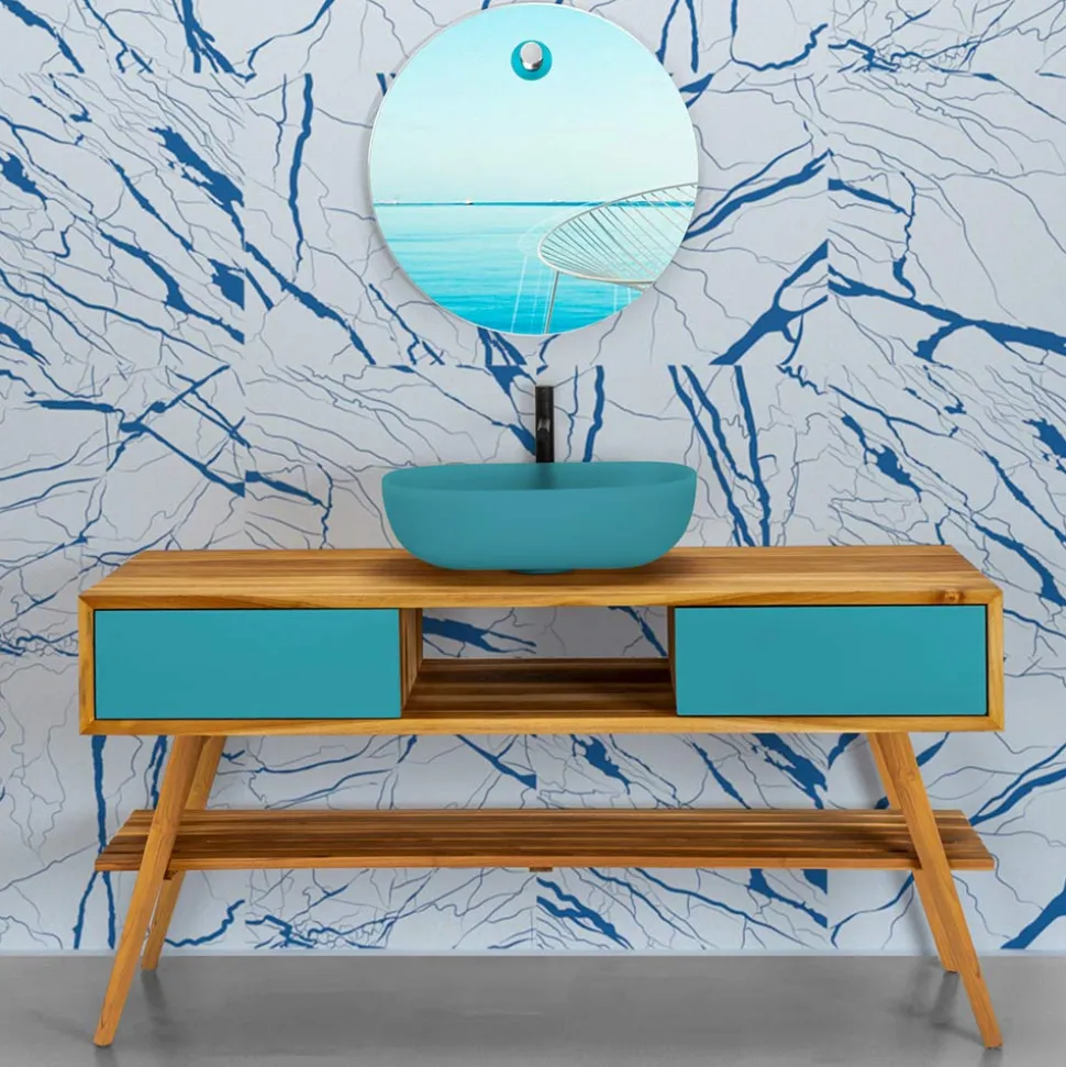 Mobile Bagno Moderno in Teak Naturale con Cassetti in Mogano Blu - Hamadou