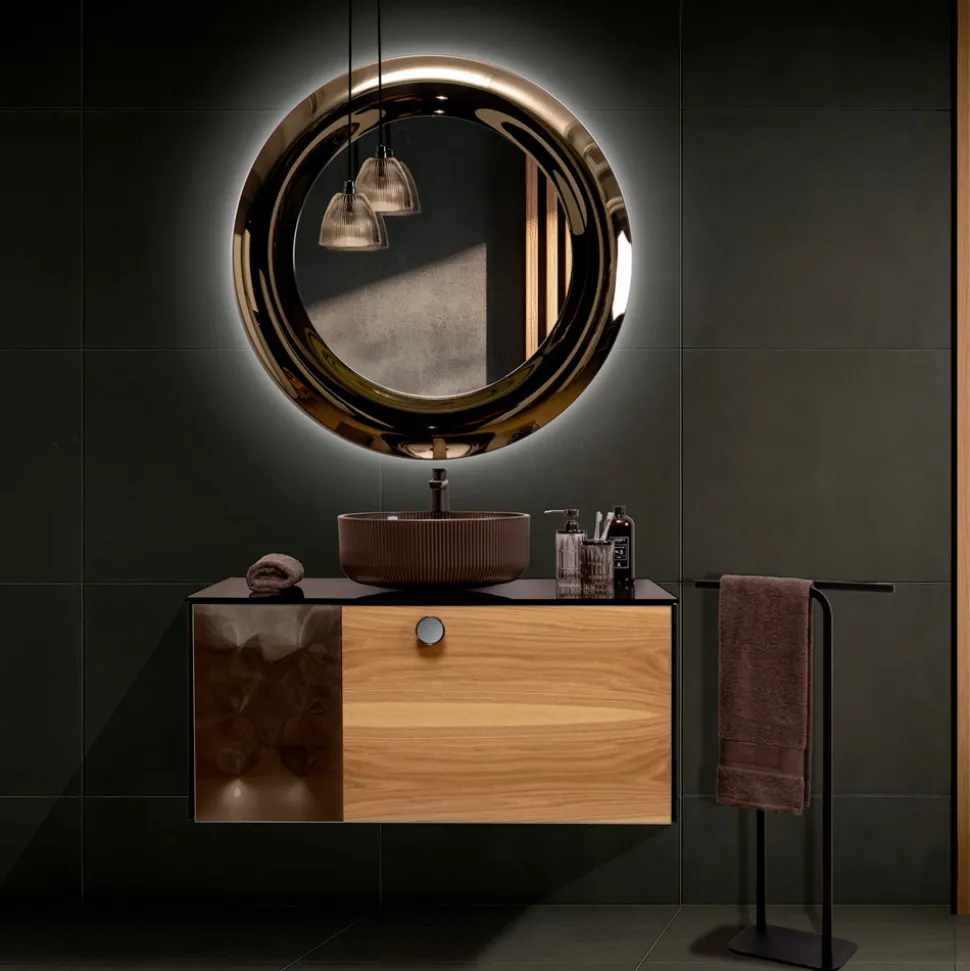 Mobile Bagno Sospeso 100 cm in Vetro 8 mm Temperato e Rovere Europeo - Excelsior