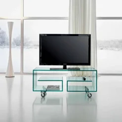 Mobile Porta Tv da Salotto in Vetro Trasparente con Ruote, di Lusso - Birintolo