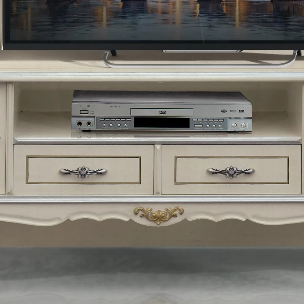 Mobile Porta Tv di Lusso Legno Bianco e Argento Made in Italy - Cheverny
