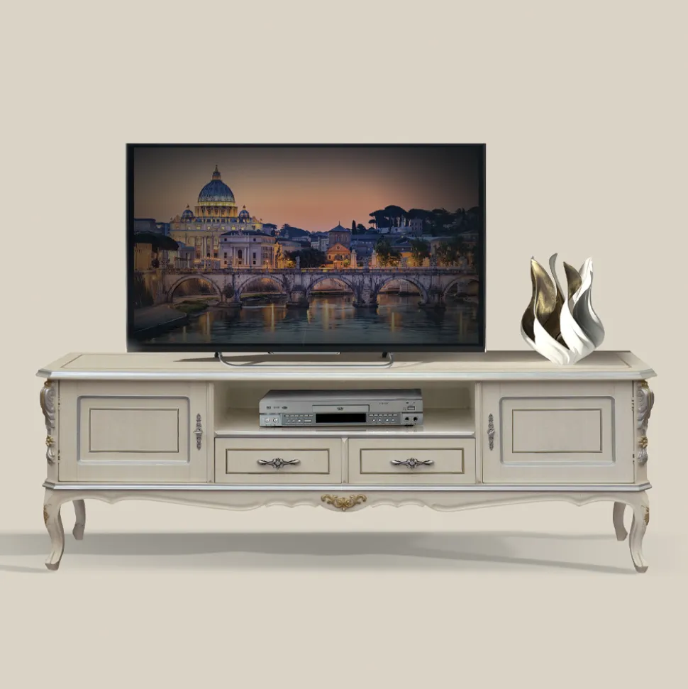 Mobile Porta Tv di Lusso Legno Bianco e Argento Made in Italy - Cheverny