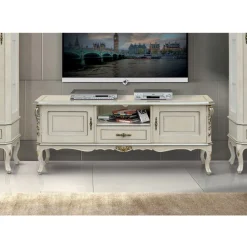 Mobile Porta Tv di Lusso Legno Bianco e Argento Made in Italy - Cheverny