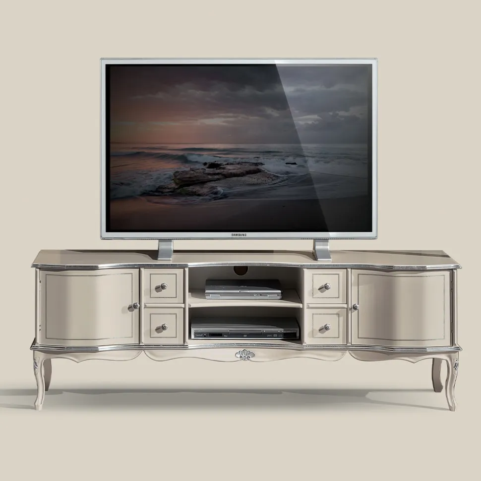 Mobile Salotto Porta Tv Legno Bianco e Argento Made in Italy - Windsor