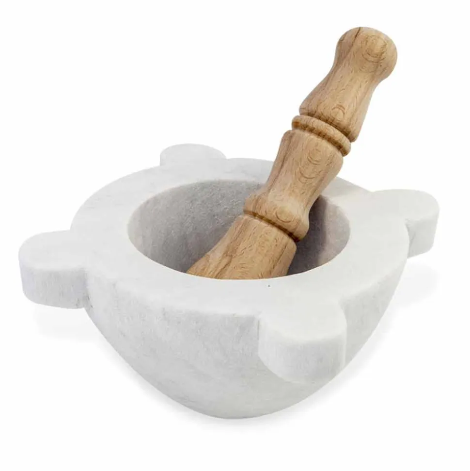 Mortaio in Marmo Bianco di Carrara con Pestello in Legno Made in Italy - Winda