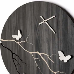 Orologio a Muro Design Tondo in Legno Inciso a Laser e Farfalle 3D - Farfo