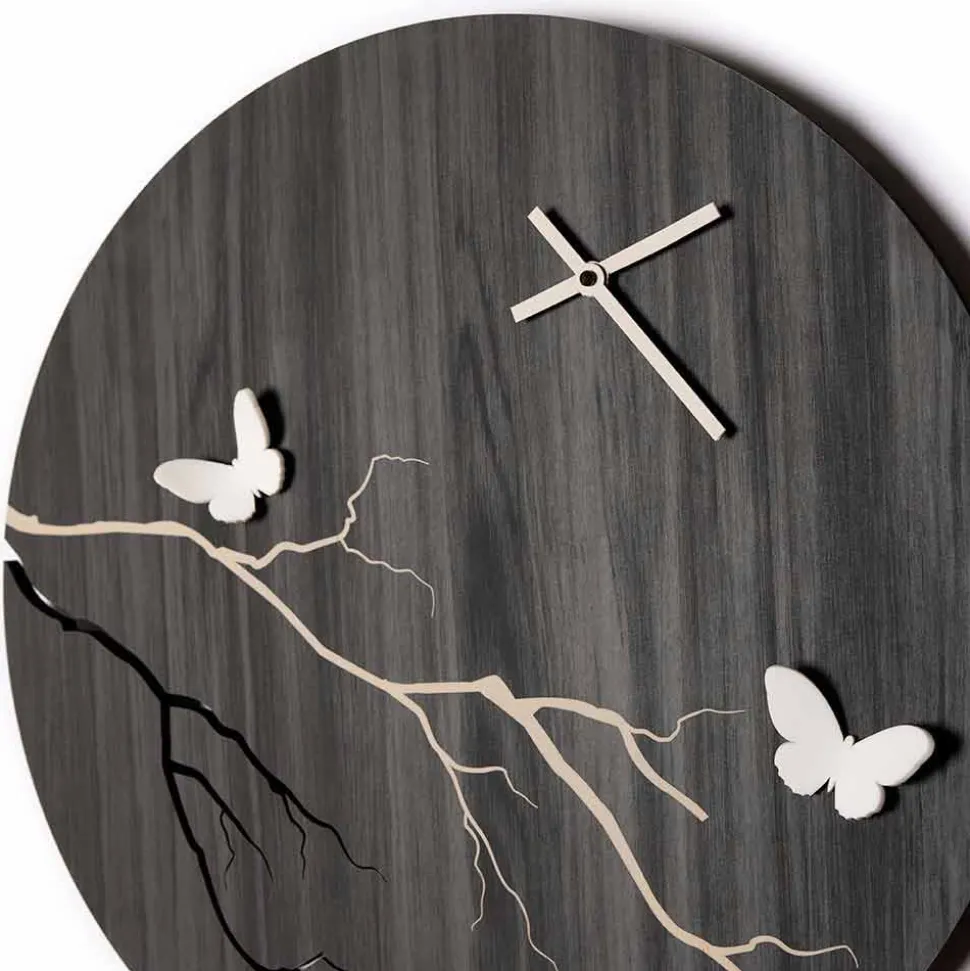 Orologio a Muro Design Tondo in Legno Inciso a Laser e Farfalle 3D - Farfo