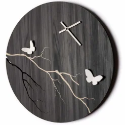Orologio a Muro Design Tondo in Legno Inciso a Laser e Farfalle 3D - Farfo