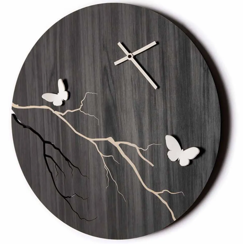 Orologio a Muro Design Tondo in Legno Inciso a Laser e Farfalle 3D - Farfo
