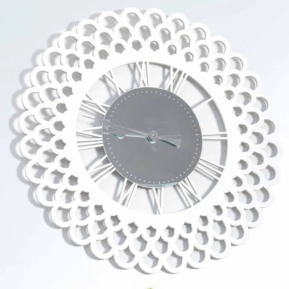 Orologio a Muro in Legno Bianco Design Floreale Grande e Moderno - Gerbera