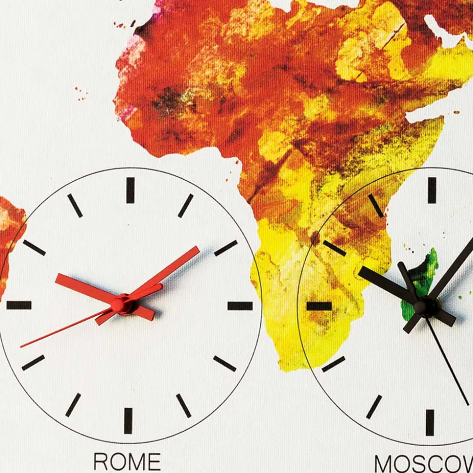 Orologio da muro su tela completo di 4 fusi orari Alex, design moderno