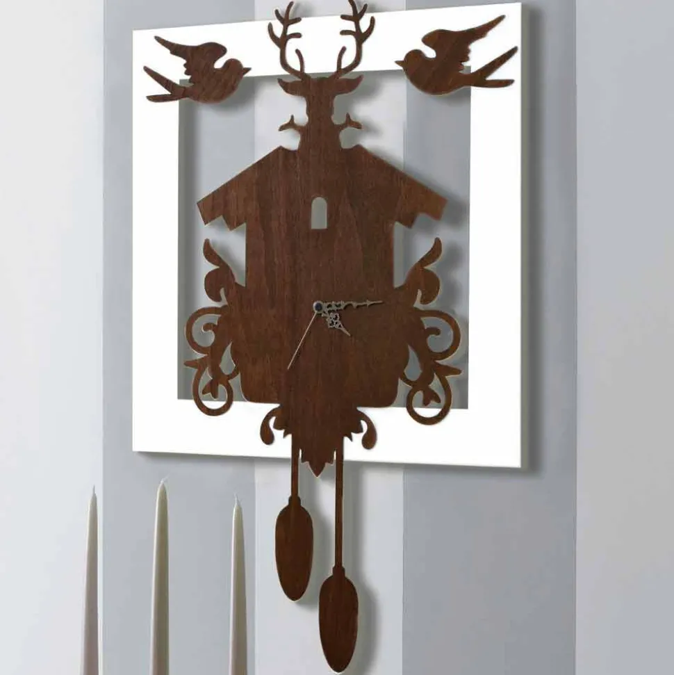 Orologio da Parete Design Moderno in Legno Scuro e Bianco Decorato - Fiaba