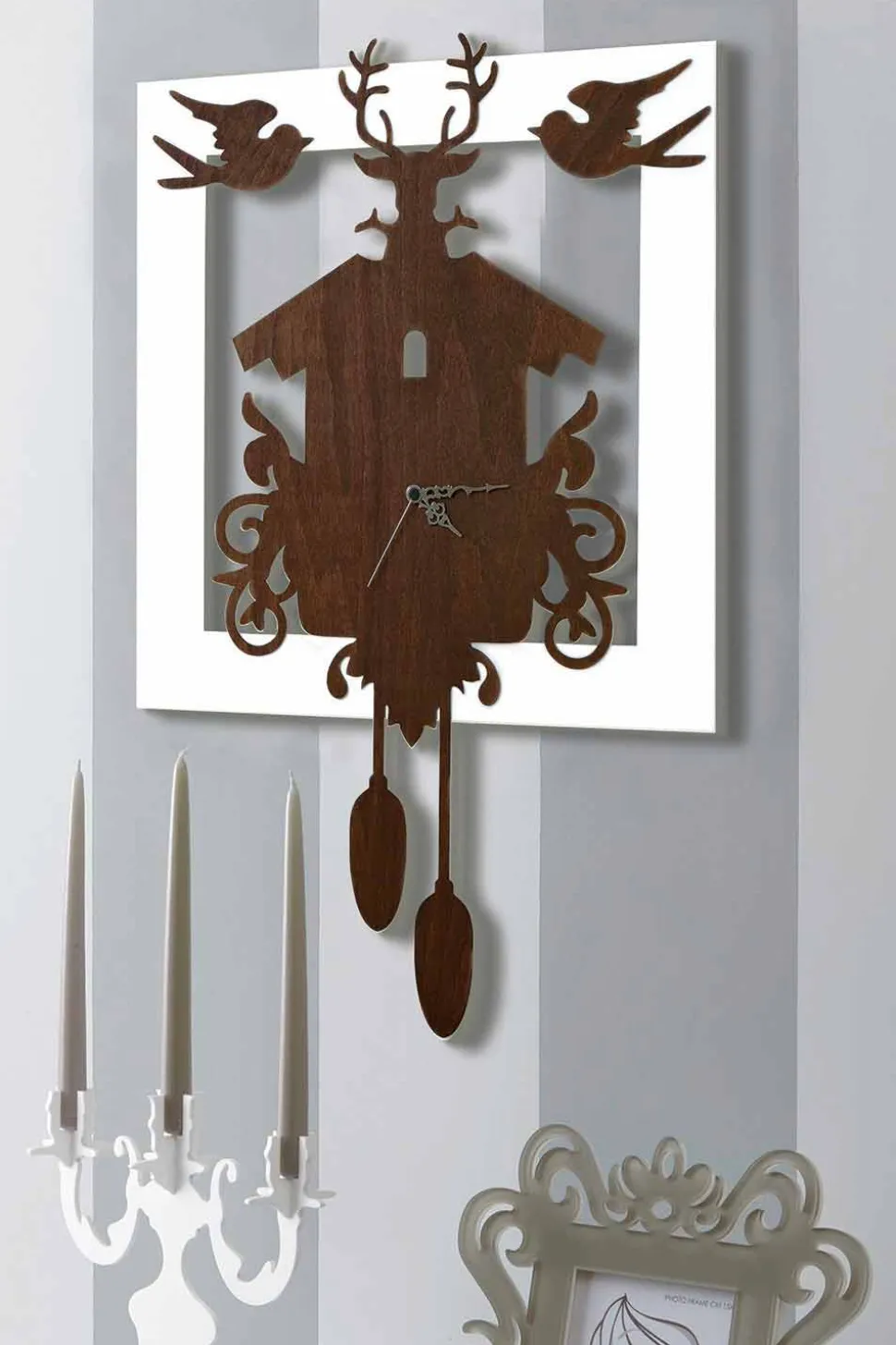 Orologio da Parete Design Moderno in Legno Scuro e Bianco Decorato - Fiaba