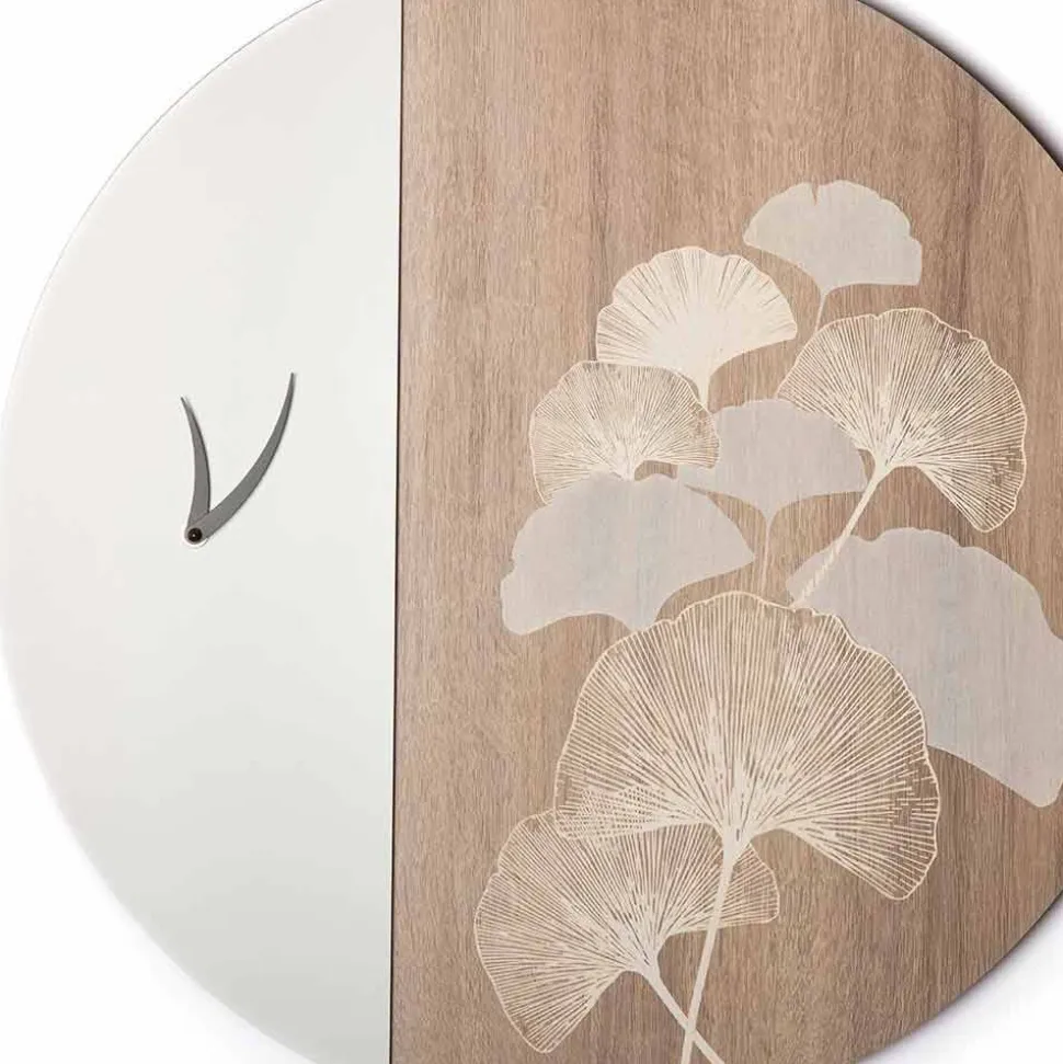 Orologio da Parete in Legno Tondo di Design con Decori, 2 Finiture, Made in Italy - Ginkgo