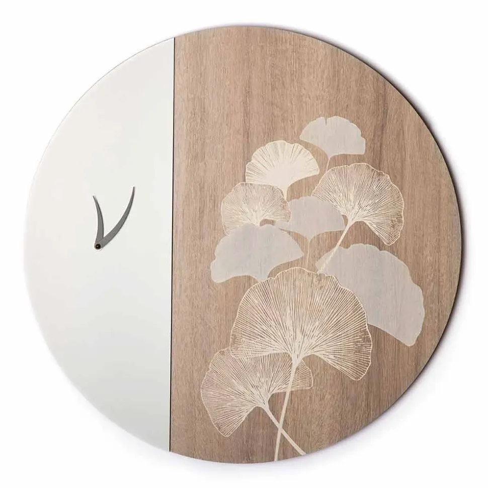 Orologio da Parete in Legno Tondo di Design con Decori, 2 Finiture, Made in Italy - Ginkgo
