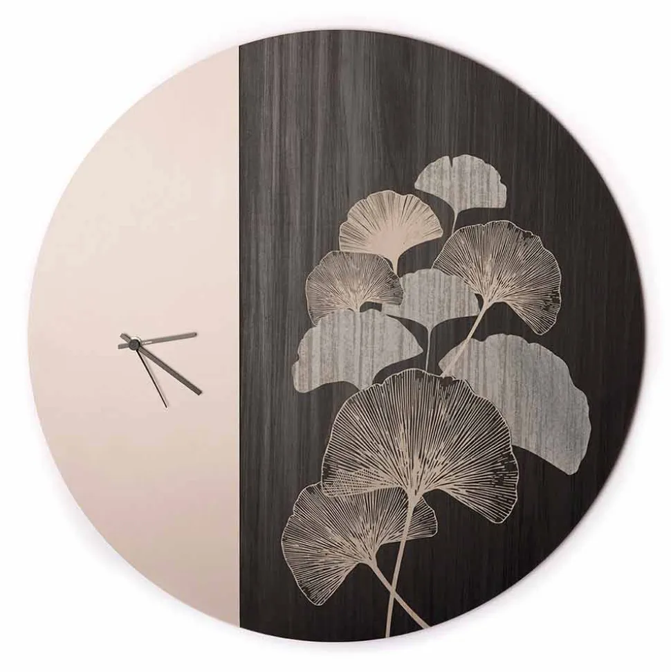 Orologio da Parete in Legno Tondo di Design con Decori, 2 Finiture, Made in Italy - Ginkgo