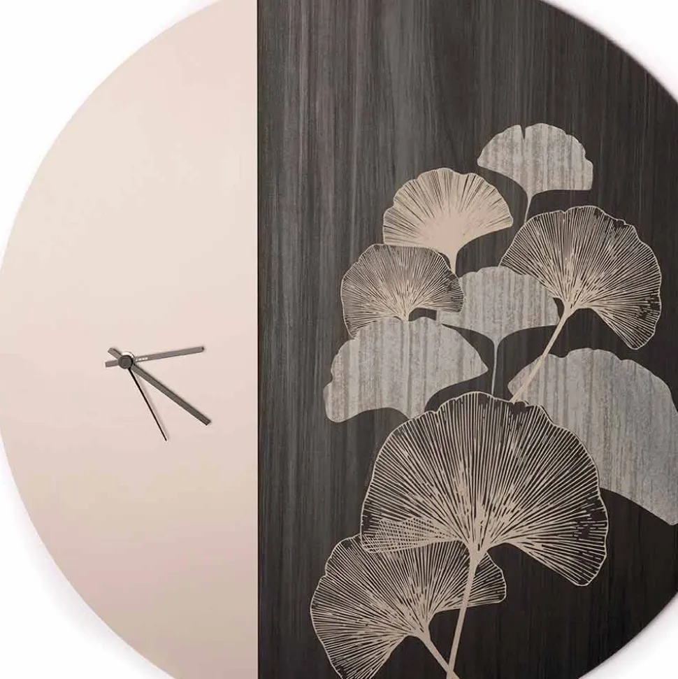 Orologio da Parete in Legno Tondo di Design con Decori, 2 Finiture, Made in Italy - Ginkgo