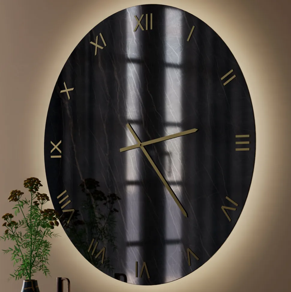 Orologio da Parete in Vetro Effetto Marmo Black Gold con Lancette in Ottone - Cortex