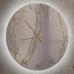 Orologio da Parete in Vetro Effetto Marmo Calacatta con Lancette in Ottone - Axis