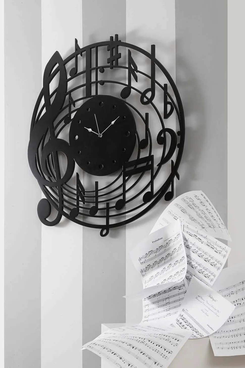 Orologio da Parete Nero Rotondo di Design Moderno in Legno Decorato - Musica