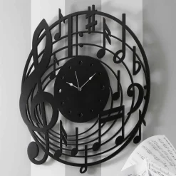 Orologio da Parete Nero Rotondo di Design Moderno in Legno Decorato - Musica