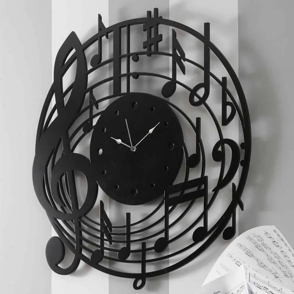 Orologio da Parete Nero Rotondo di Design Moderno in Legno Decorato - Musica