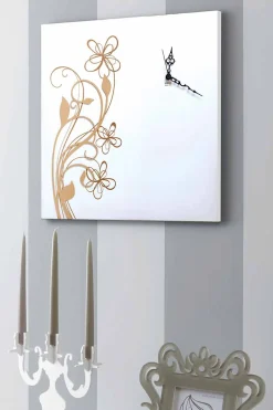 Orologio Grande da Parete Design Quadrato in Legno Bianco con Fiore - Florello