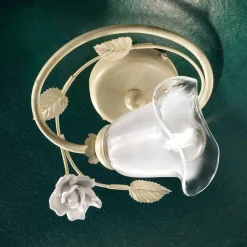 Plafoniera in Ferro, Vetro Sabbiato e Rose di Decoro in Ceramica - Siena