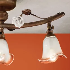 Plafoniera Lineare a 3 Luci in Ferro, Vetro e Rose di Ceramica - Siena