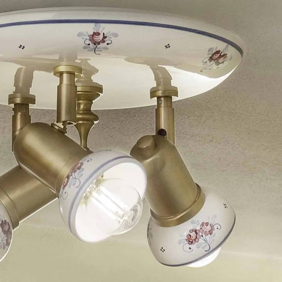Plafoniera Rotonda 3 Faretti in Ottone e Ceramica Dipinta a Mano - Savona