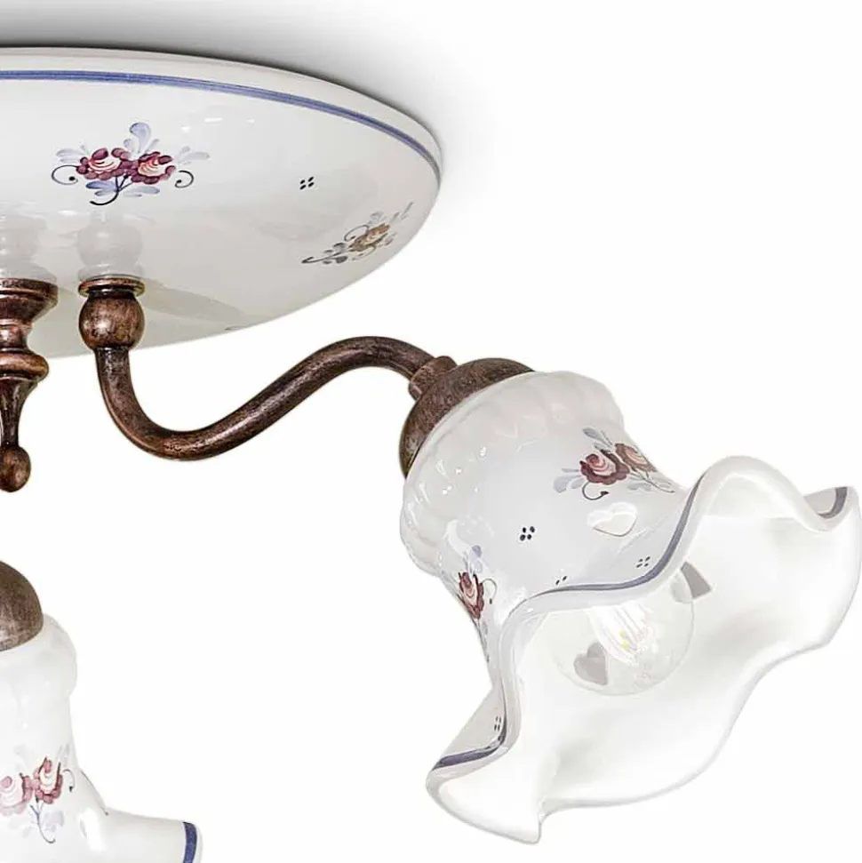 Plafoniera Vintage Artigianale in Ferro e Ceramica Decorata a Mano - Chieti