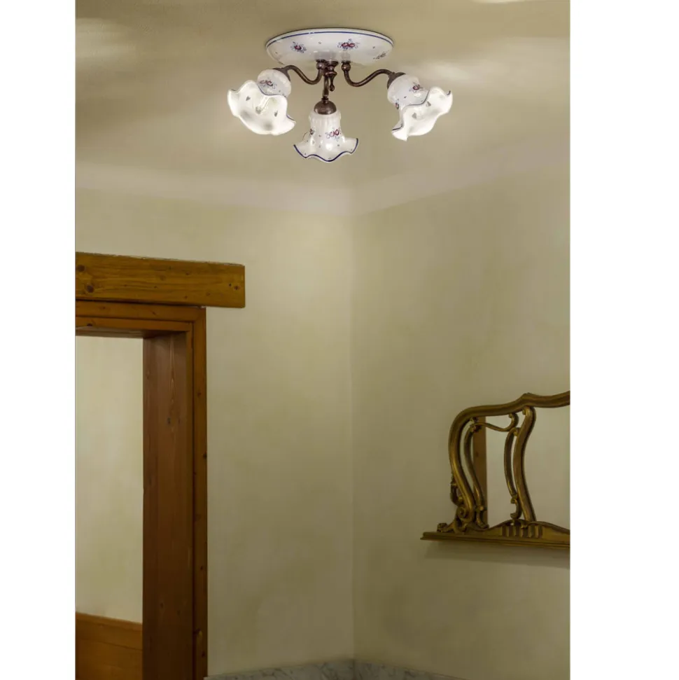 Plafoniera Vintage Artigianale in Ferro e Ceramica Decorata a Mano - Chieti