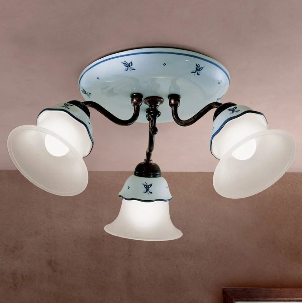 Plafoniera Vintage in Ferro, Vetro e Ceramica Decorata a Mano - Ferrara