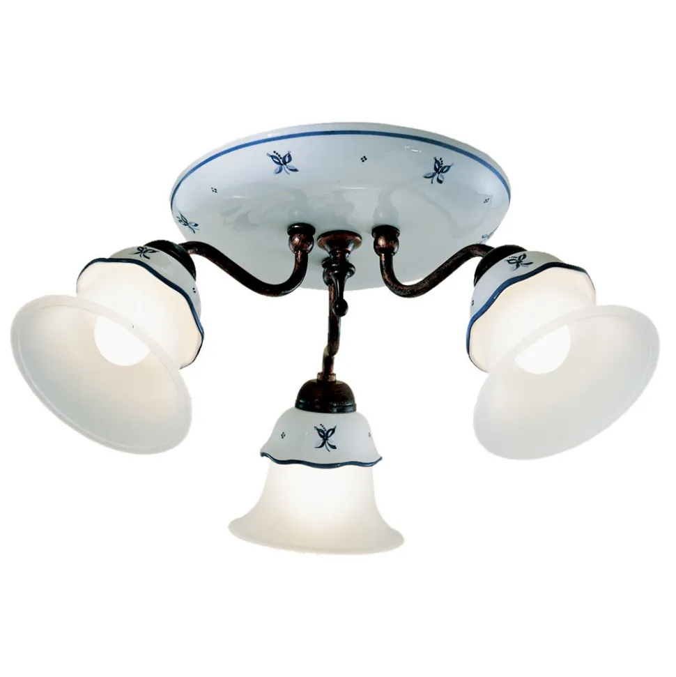 Plafoniera Vintage in Ferro, Vetro e Ceramica Decorata a Mano - Ferrara