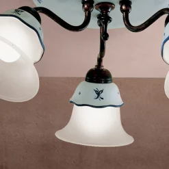 Plafoniera Vintage in Ferro, Vetro e Ceramica Decorata a Mano - Ferrara