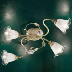 Plafoniera Vintage 3 o 4 Luci in Ferro, Vetro e Rose di Ceramica - Siena