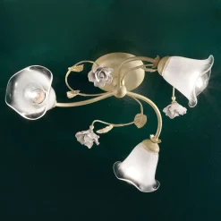 Plafoniera Vintage 3 o 4 Luci in Ferro, Vetro e Rose di Ceramica - Siena