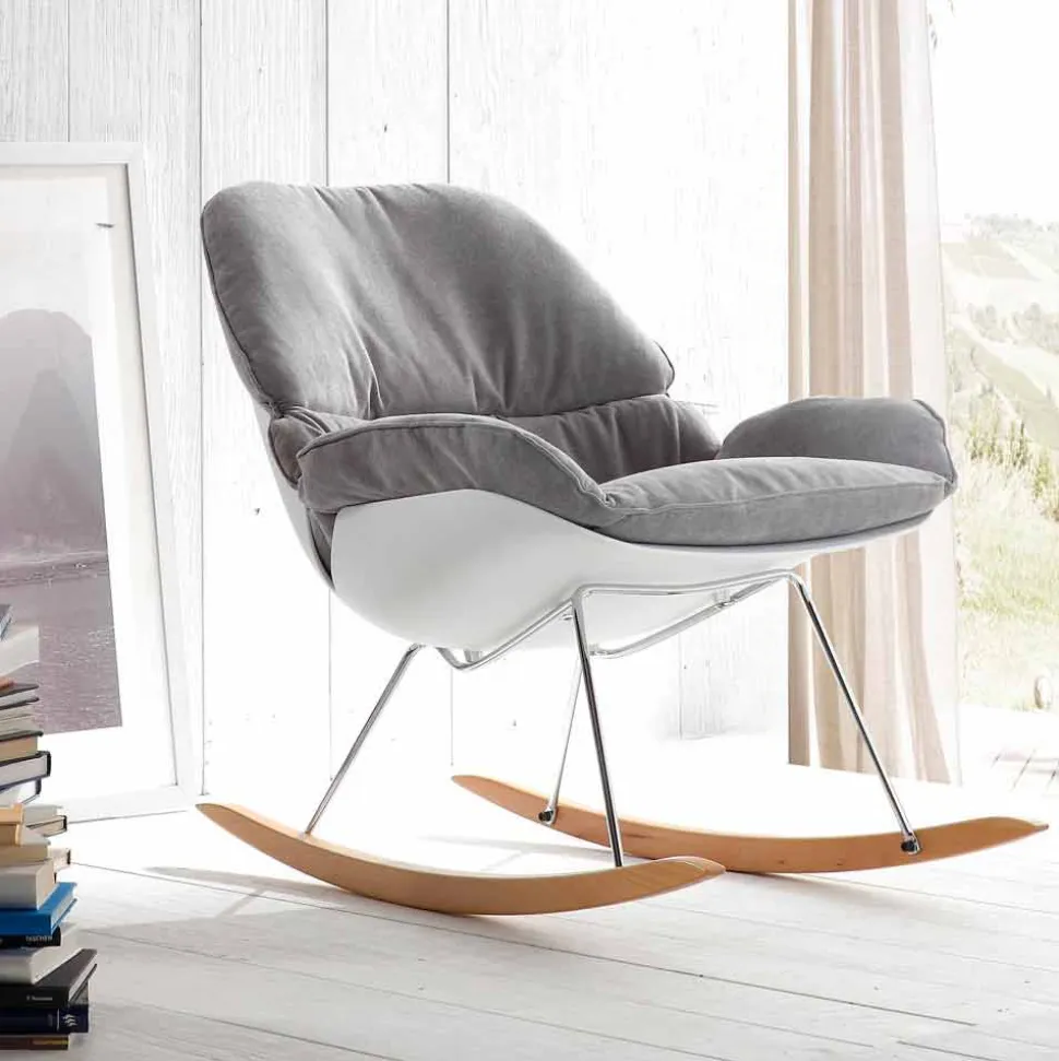 Poltrona a dondolo con cuscino soft grigio sfoderabile moderna Acacia