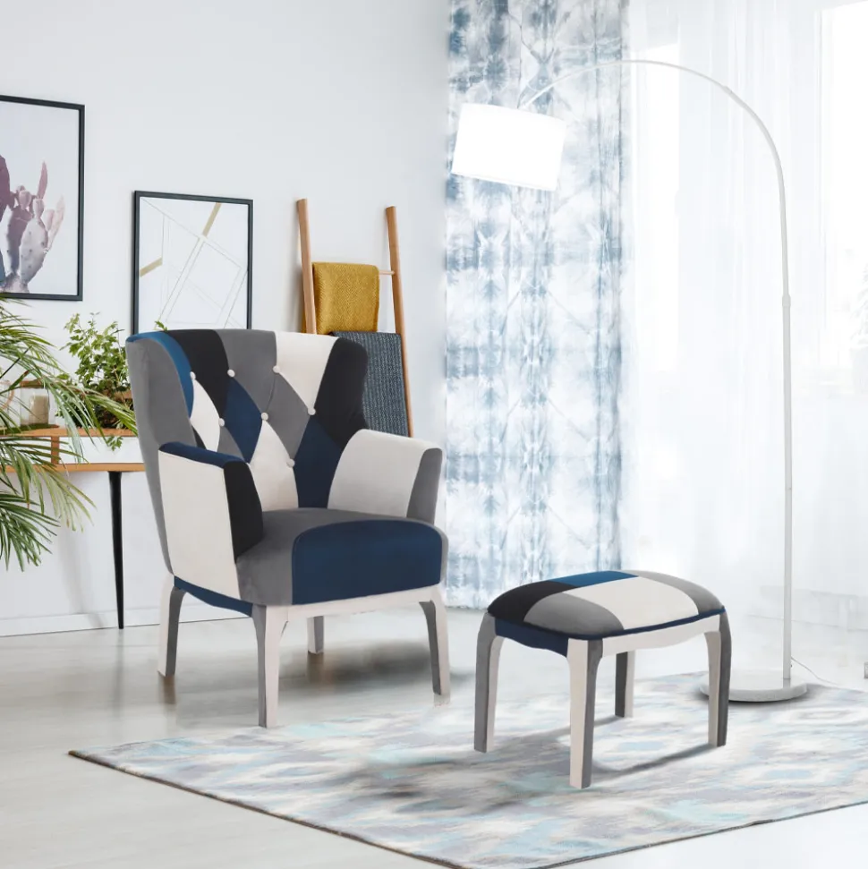 Poltrona con Pouf in Tessuto Patchwork - Bromo