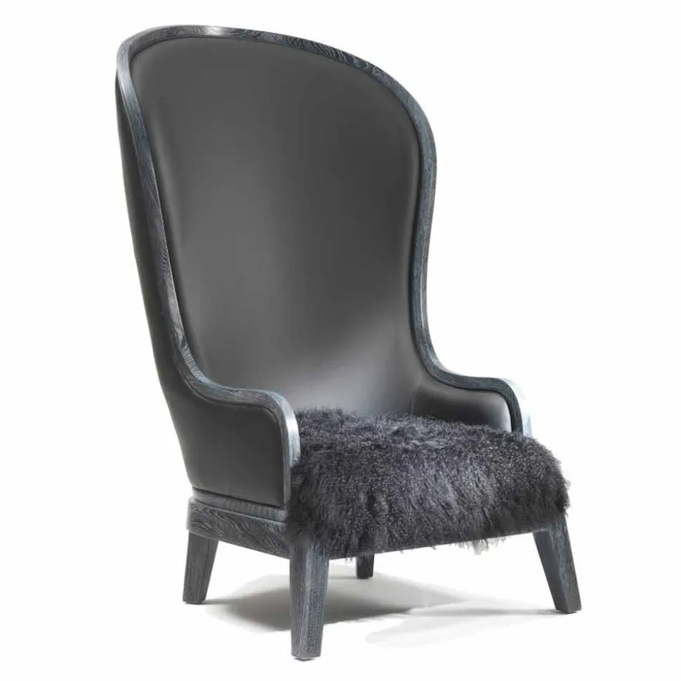 Poltrona da salotto in pelle e pelo nero Eli, design classico di lusso