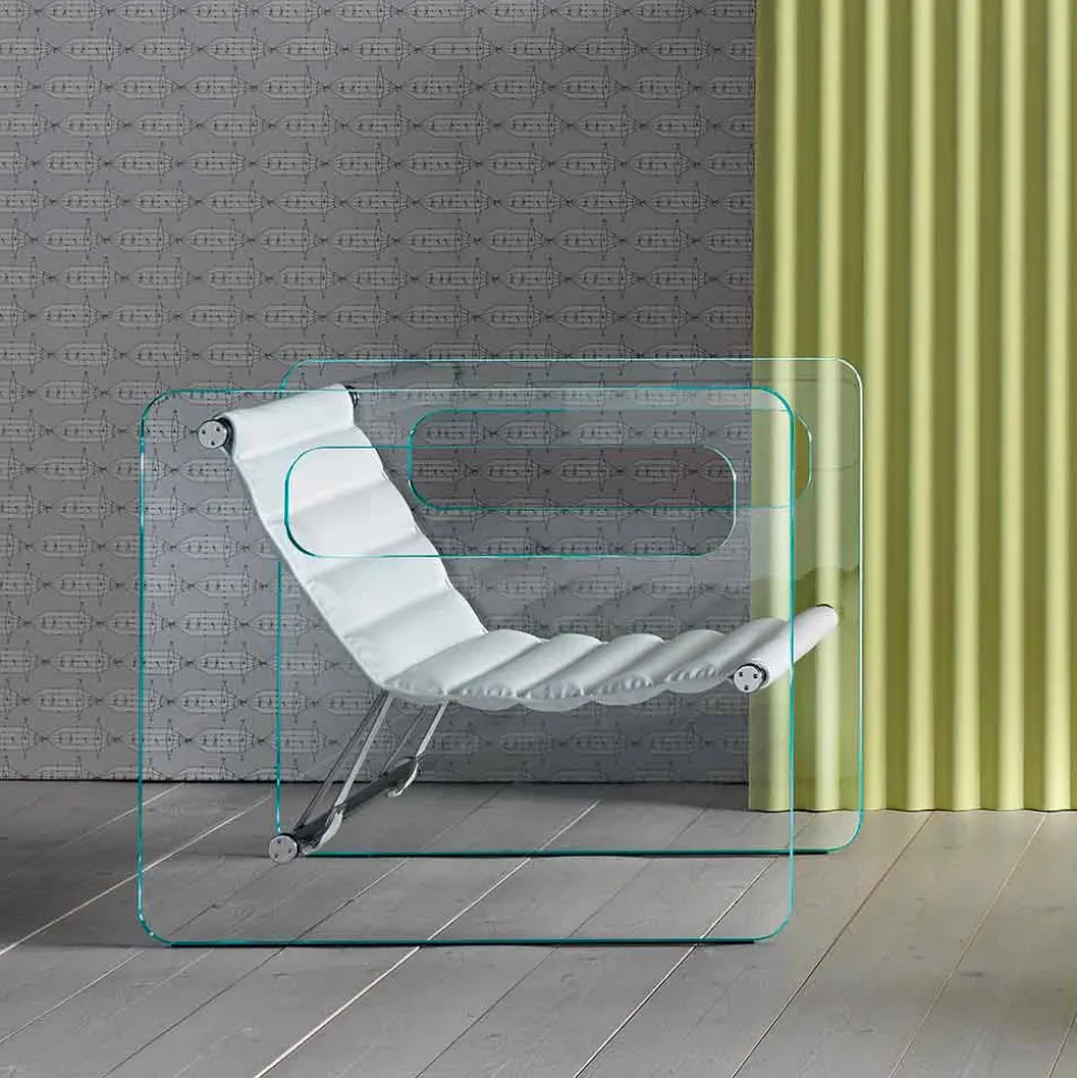 Poltrona da Salotto in Vetro e Seduta in Pelle Bianca Design di Lusso - Tecna
