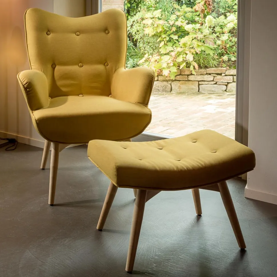 Poltrona + pouf in Legno e Tessuto Misto Cotone - Ailano