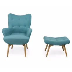 Poltrona + pouf in Legno e Tessuto Misto Cotone - Ailano