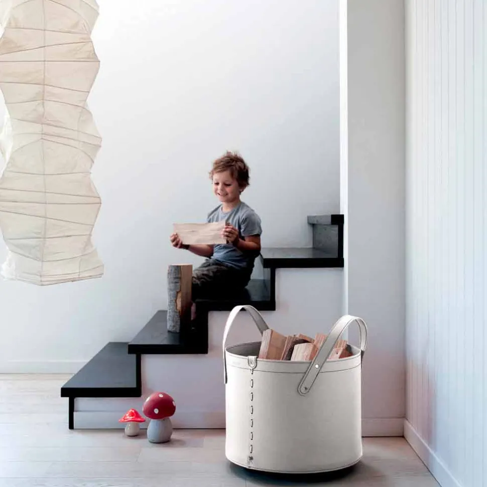 Portalegna cilindrico in cuoio rigenerato con ruote Tonda Firestyle
