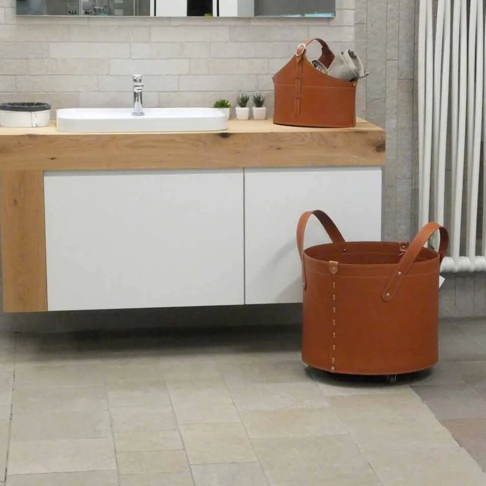 Portalegna cilindrico in cuoio rigenerato con ruote Tonda Firestyle