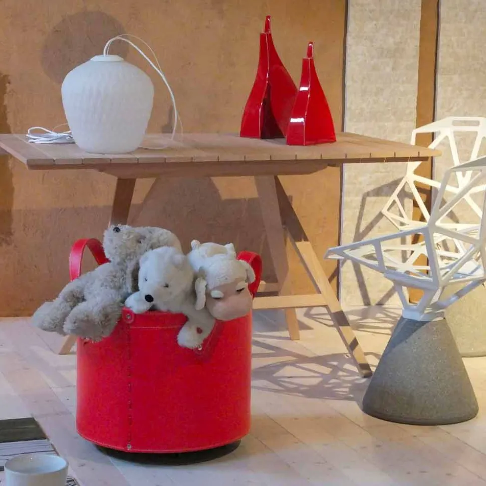 Portalegna cilindrico in cuoio rigenerato con ruote Tonda Firestyle