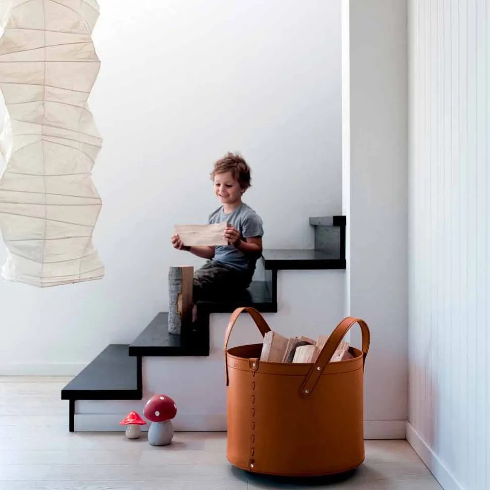 Portalegna cilindrico in cuoio rigenerato con ruote Tonda Firestyle