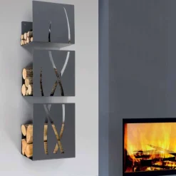 Portalegna da Muro Design Moderno Decorato in Acciaio Nero 3 Pezzi - Garigliano