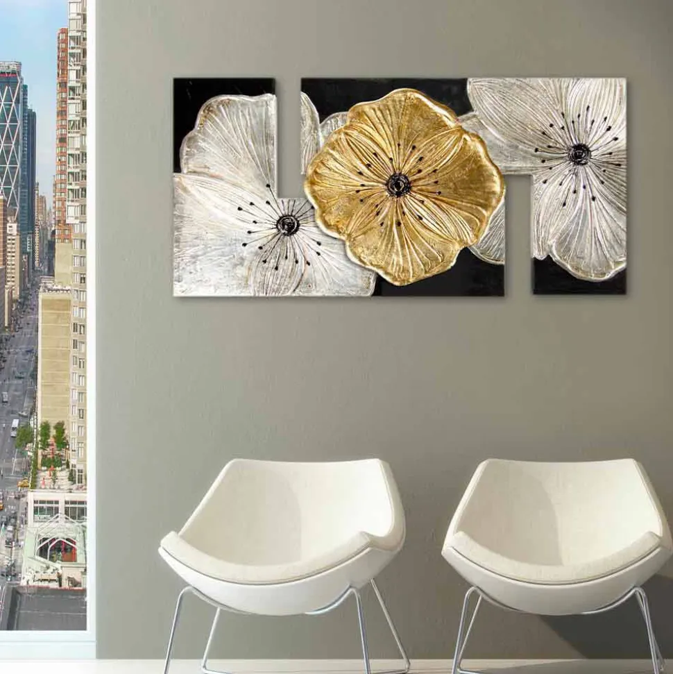 Quadro floreale moderno Petunia Piccola Oro by Viadurini Decor, decorato a mano